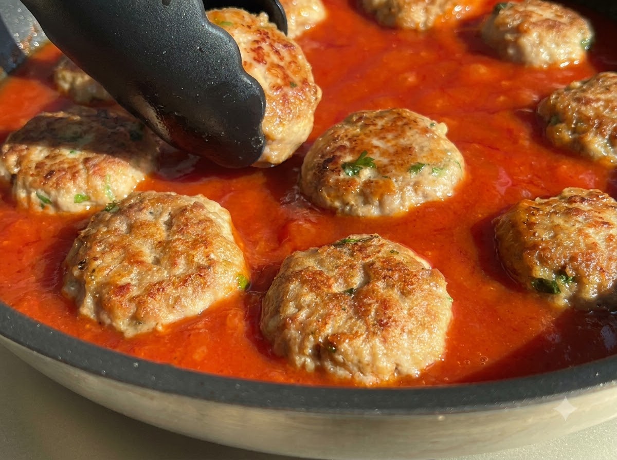 Pinze che posizionano le polpette dorate una ad una in una padella riempita di vivace salsa di pomodoro rossa.