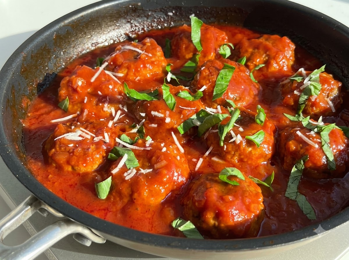 Foglie di basilico verde fresco strappate e formaggio parmigiano bianco grattugiato sparse sulle polpette che sobbollono nel sugo rosso.