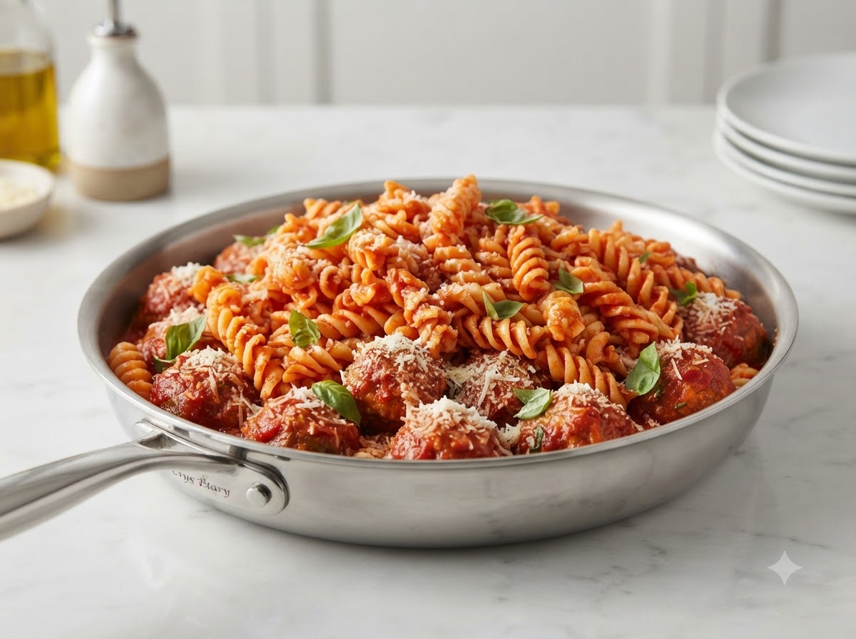 Pasta fusilli a spirale cotta accumulata in una grande padella sopra le polpette e la salsa di pomodoro, pronta per essere mantecata.