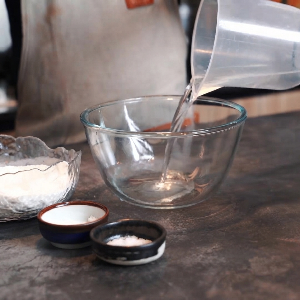 Acqua versata da un misurino in una ciotola di vetro su un piano di lavoro scuro.