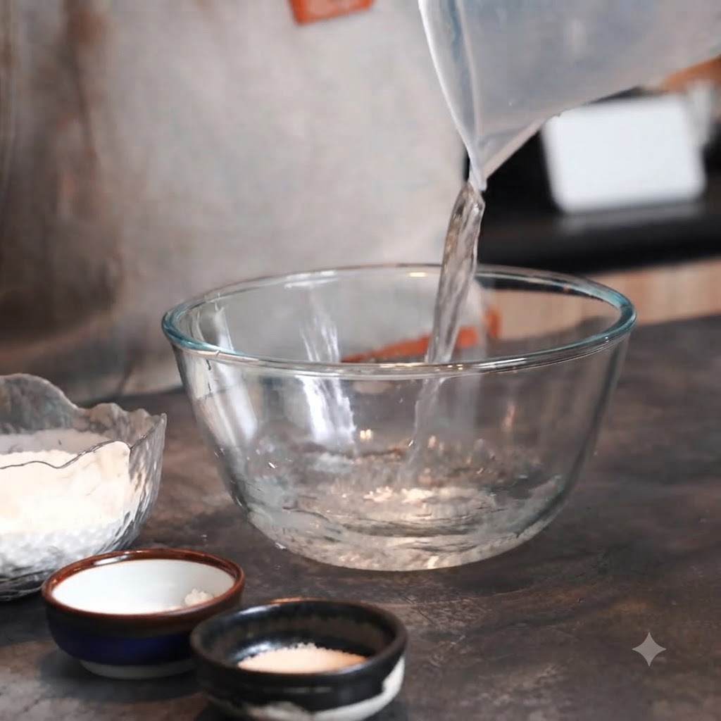 Cristalli di sale versati da una ciotolina in una ciotola di vetro piena dacqua.