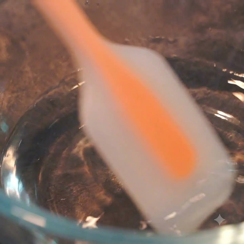 Acqua e sale mescolati insieme in una ciotola di vetro con una spatola di silicone.