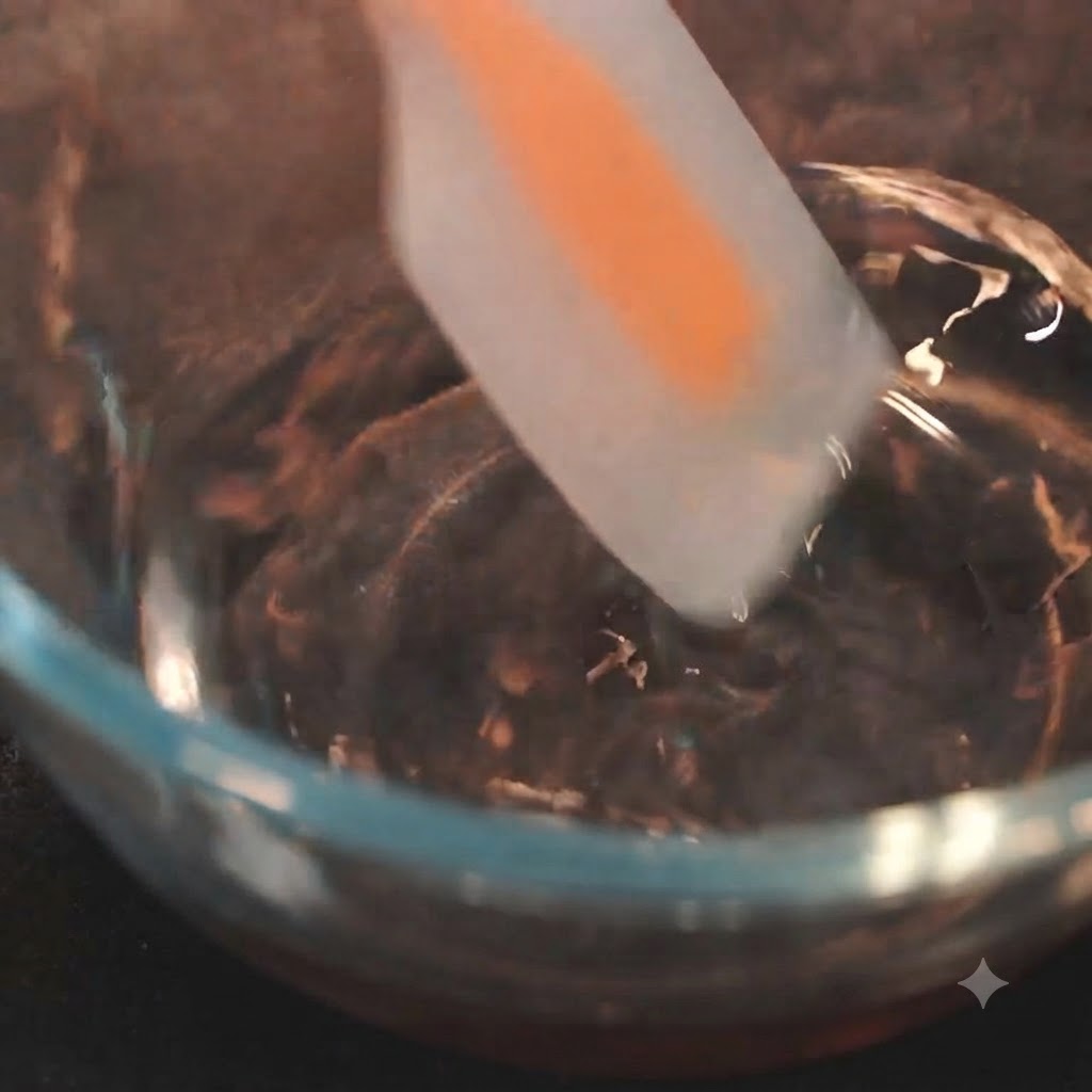 Una spatola di silicone che mescola un liquido trasparente allinterno di una ciotola di vetro.