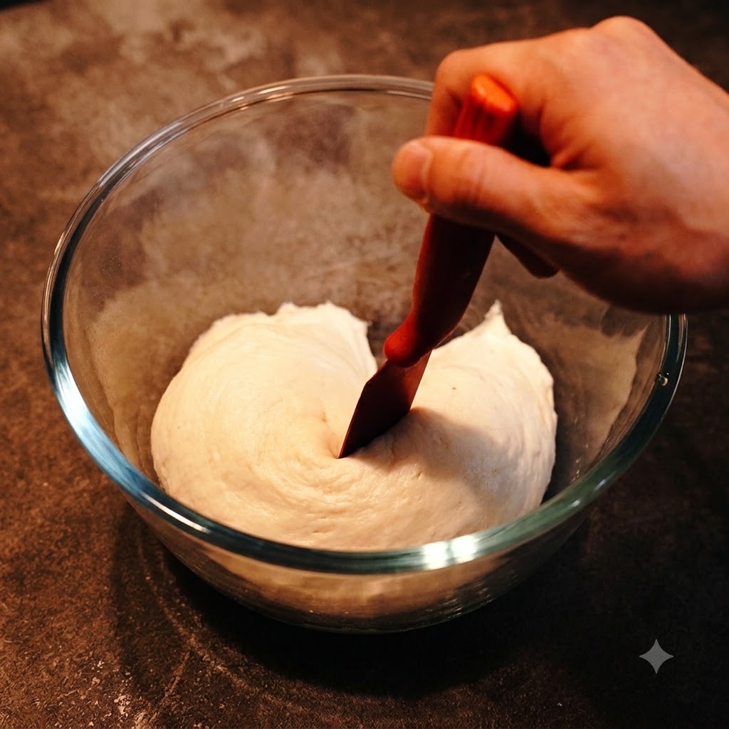 Una spatola rossa che taglia un mucchietto di impasto bianco lievitato allinterno di una ciotola di vetro.