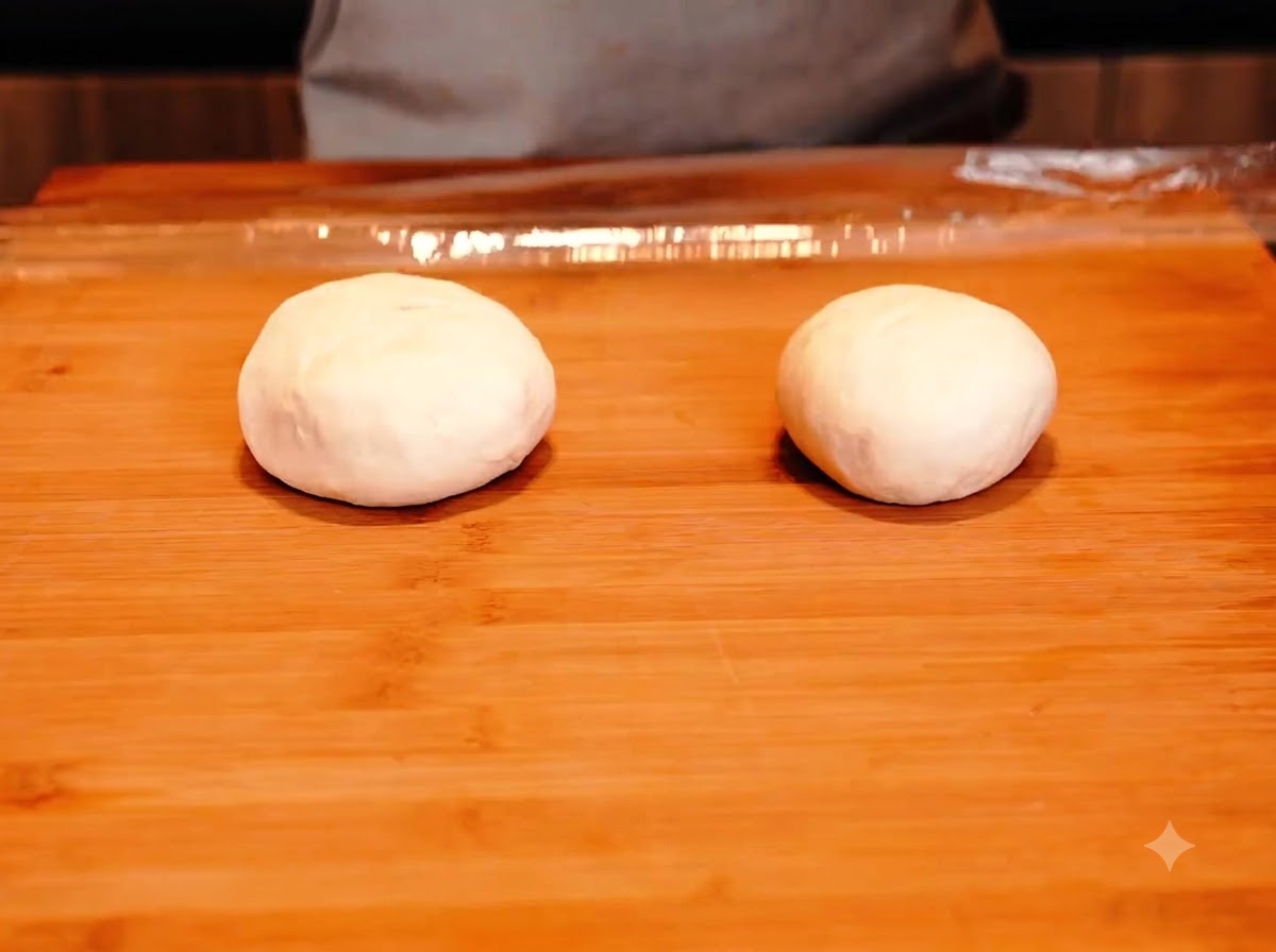 Due porzioni rotonde di impasto bianco per pizza che riposano fianco a fianco su un tagliere di legno.