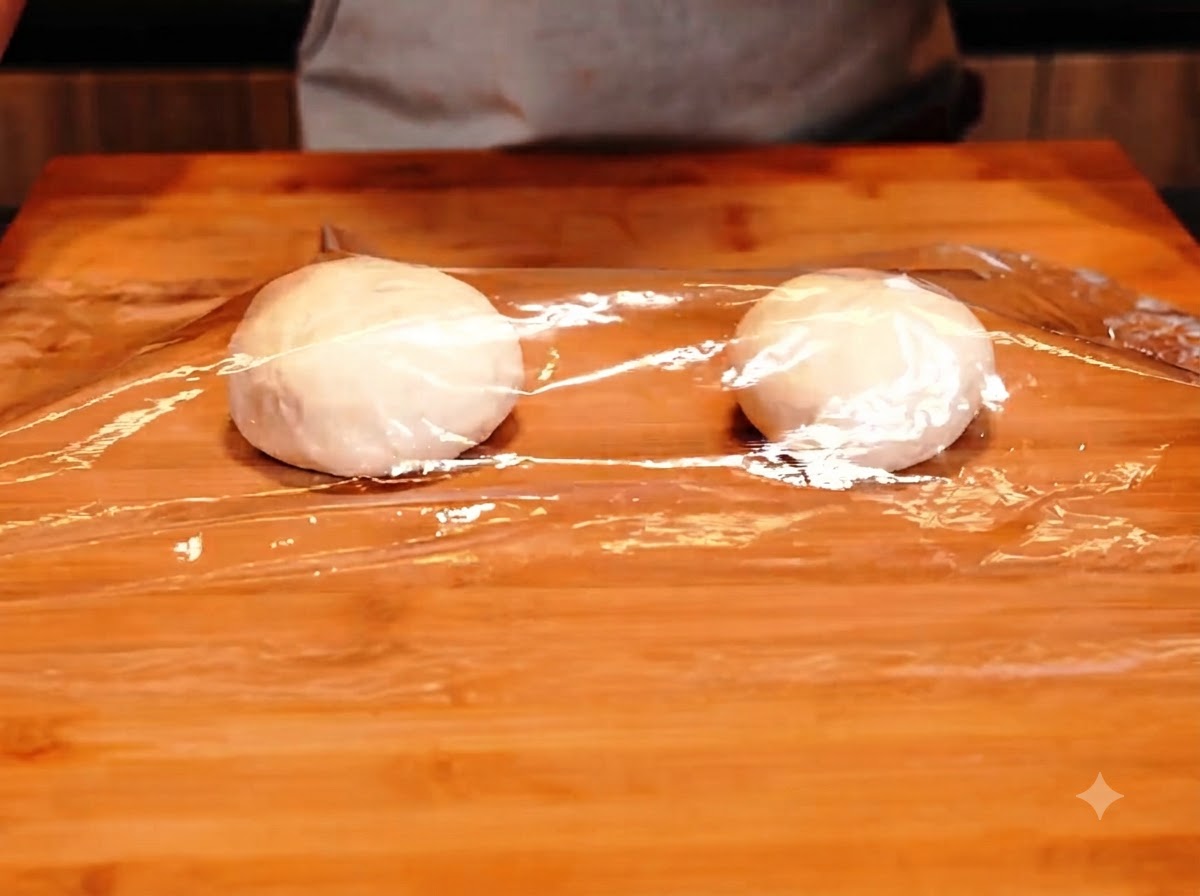Due piccoli panetti rotondi coperti con pellicola trasparente su una tavola di legno.