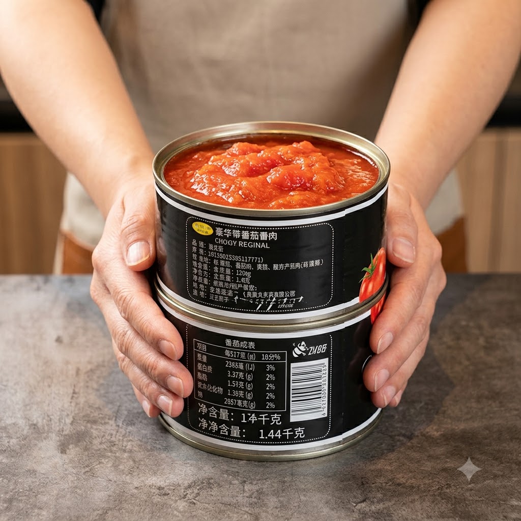 Due latte di metallo impilate di pomodori pelati interi tenute tra le mani.