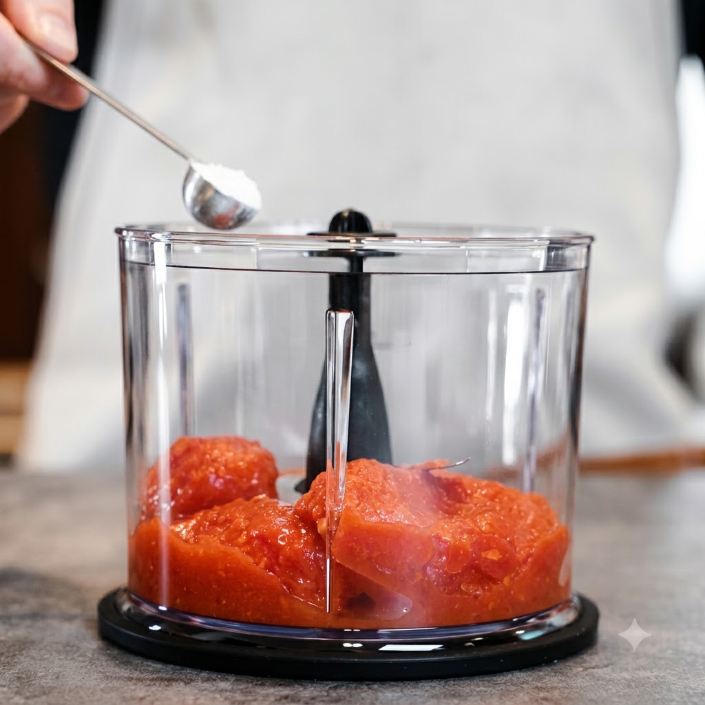 Un cucchiaio di zucchero aggiunto in un frullatore trasparente contenente pomodori pelati.
