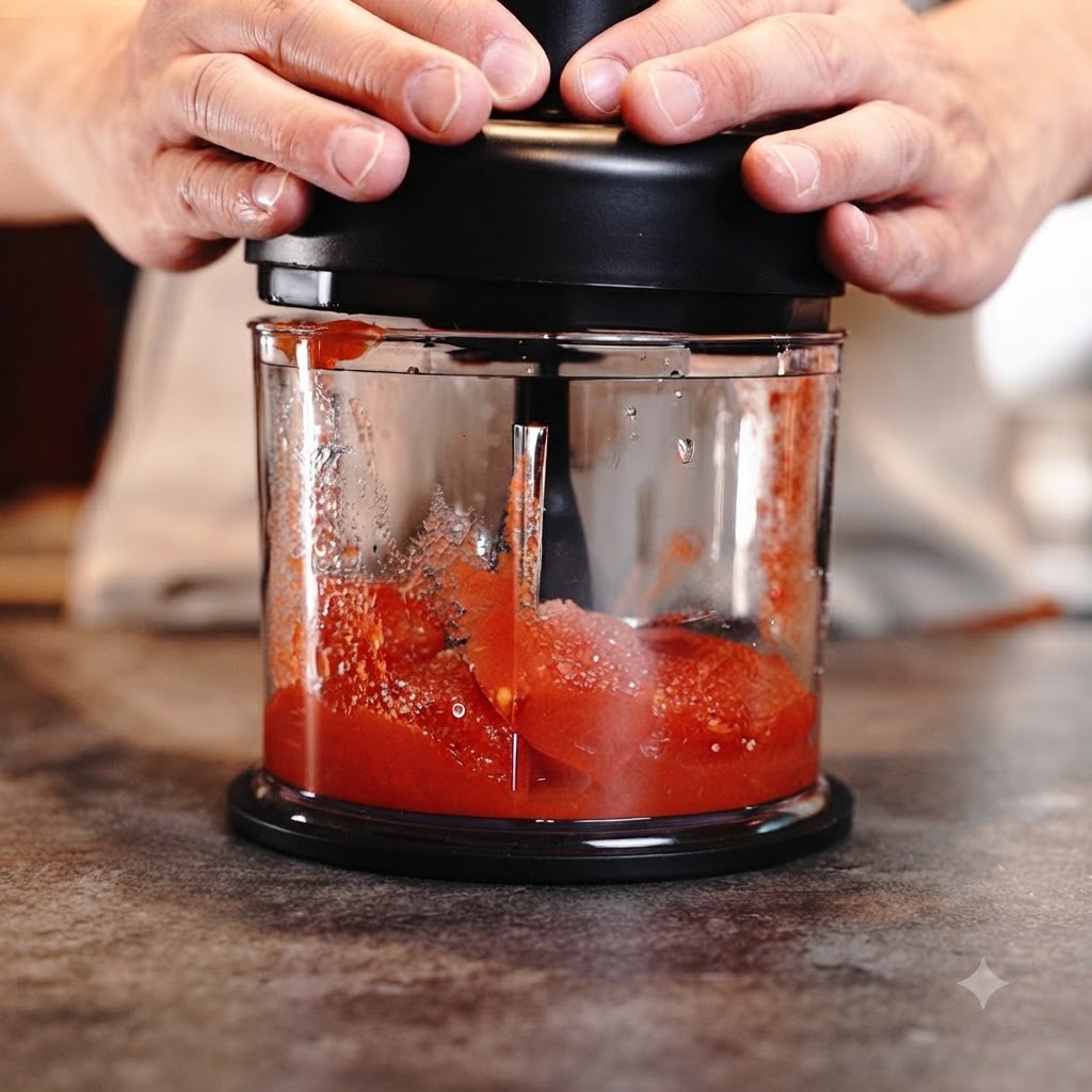 Mani che premono sul coperchio di un piccolo frullatore elettrico che lavora dei pomodori al suo interno.