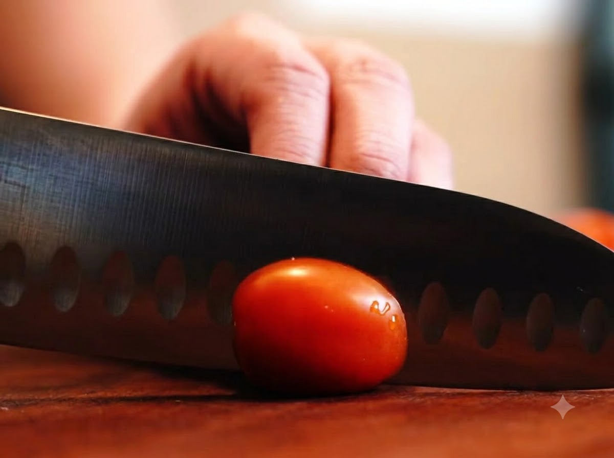 Un coltello da chef affilato che taglia a metà un pomodorino su una superficie di legno.