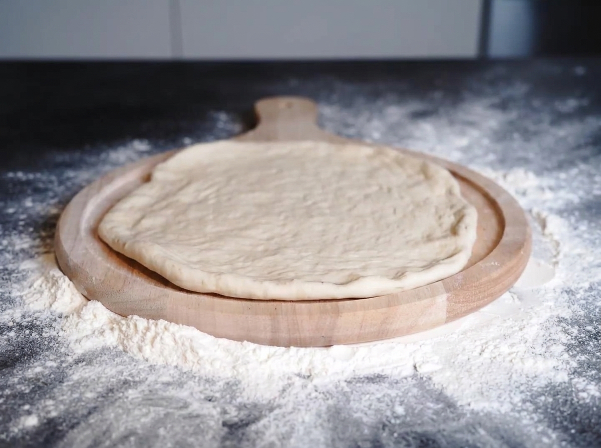 Salsa di pomodoro rossa distribuita uniformemente in cerchi su un disco rotondo e piatto di impasto per pizza.