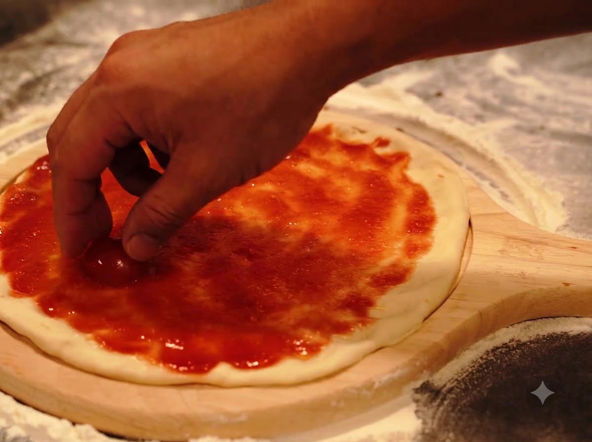 Una mano che posiziona metà di un pomodorino su un pezzo rotondo di impasto per pizza ricoperto di salsa rossa.