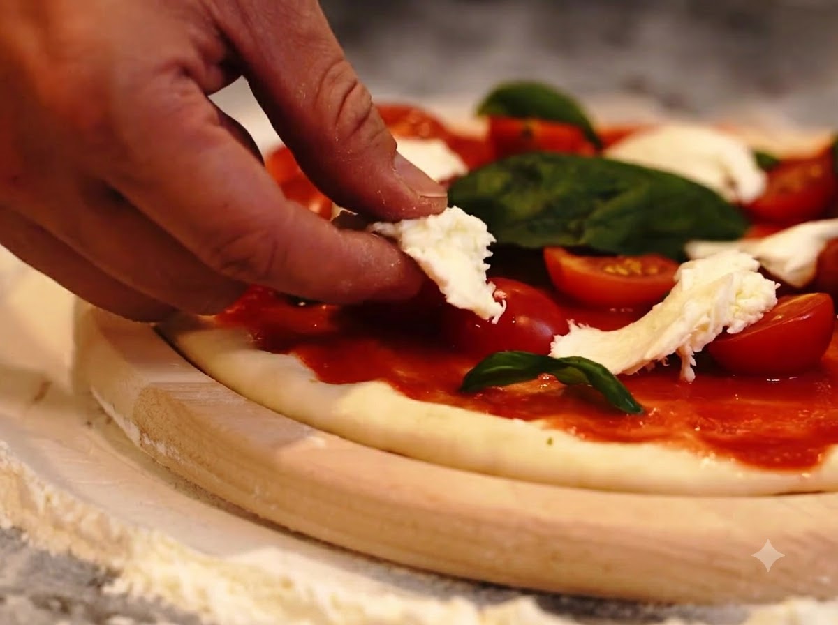 Una mano che aggiunge pezzi strappati di mozzarella bianca su una base per pizza con pomodori e foglie di basilico.