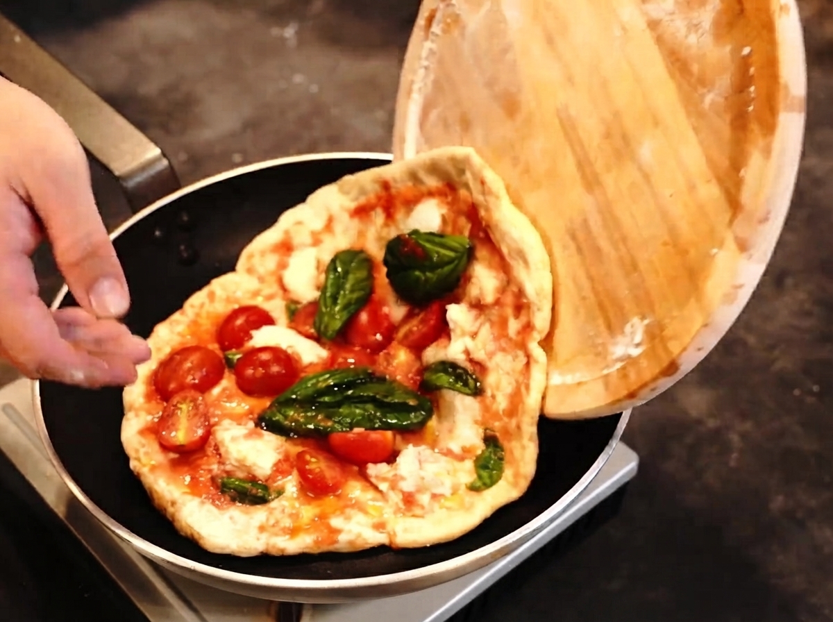 Una pizza trasferita da una pala di legno in una padella mentre un cannello è pronto nelle vicinanze.
