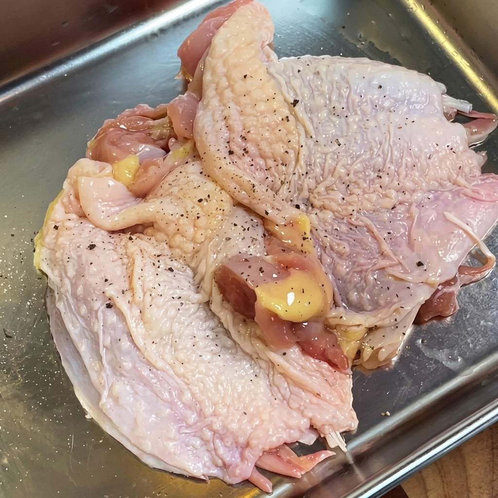 Filetto di coscia di pollo crudo condito con pepe nero, sale e rosmarino su un vassoio di metallo.