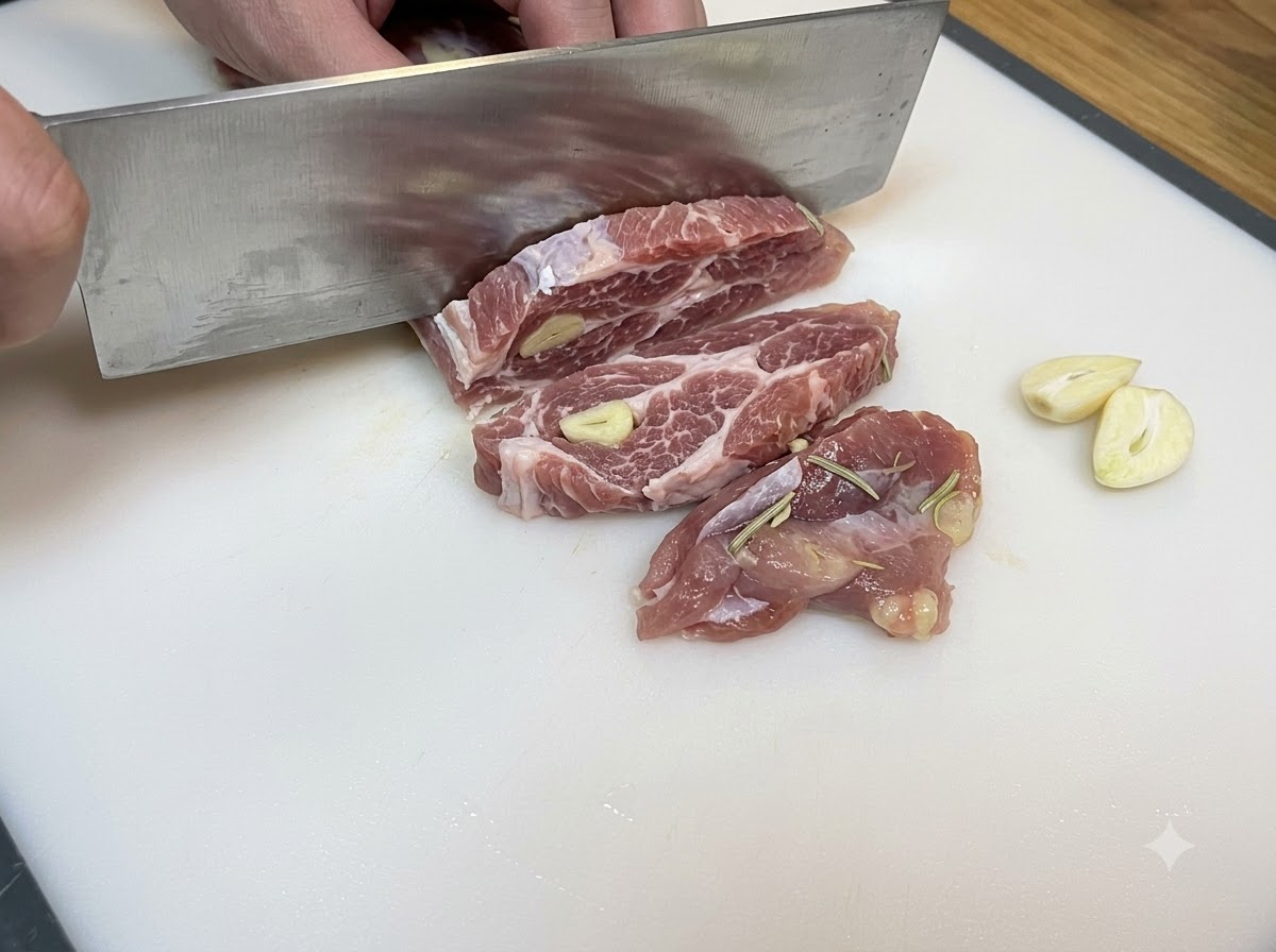 Mani che usano un grosso coltello per tagliare il pollo crudo marinato a strisce su un tagliere bianco.