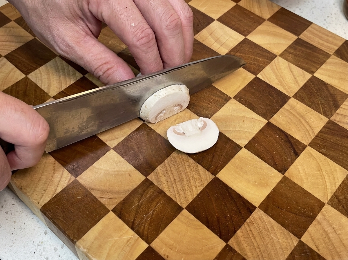 Una persona che affetta un fungo champignon bianco fresco su un tagliere in legno a scacchiera.