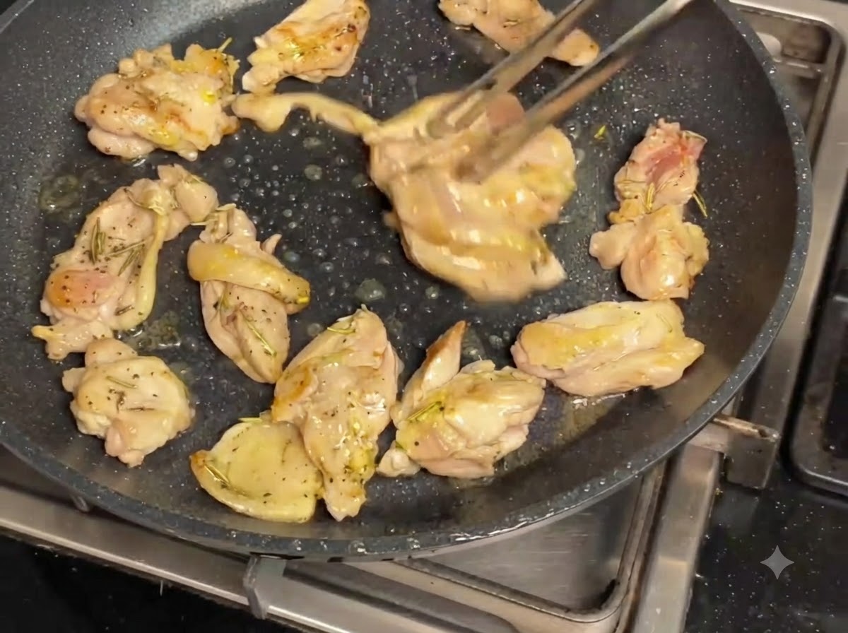 Pezzi di pollo e funghi che sfrigolano in una padella antiaderente scura mentre vengono girati con le pinze.