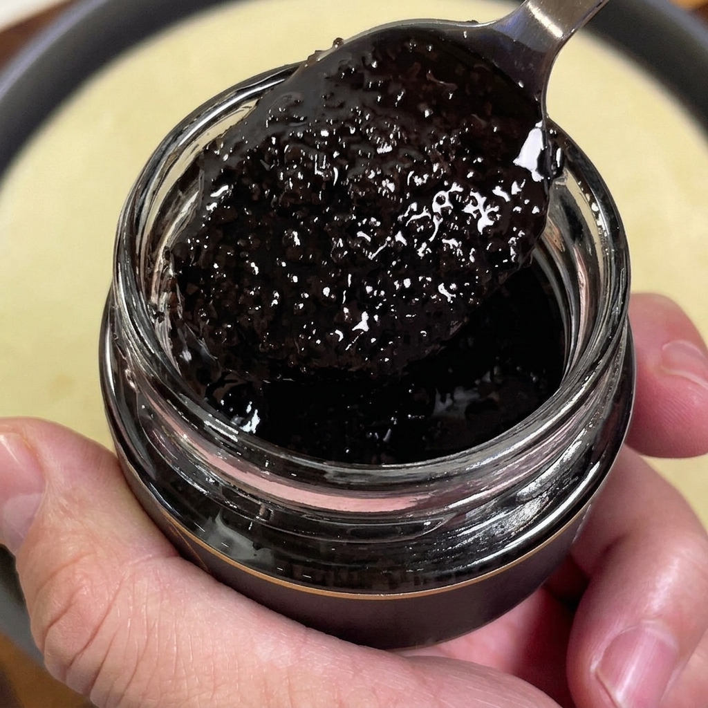 Un cucchiaio di salsa al tartufo nero scuro prelevata da un barattolo di vetro sopra una base per pizza.