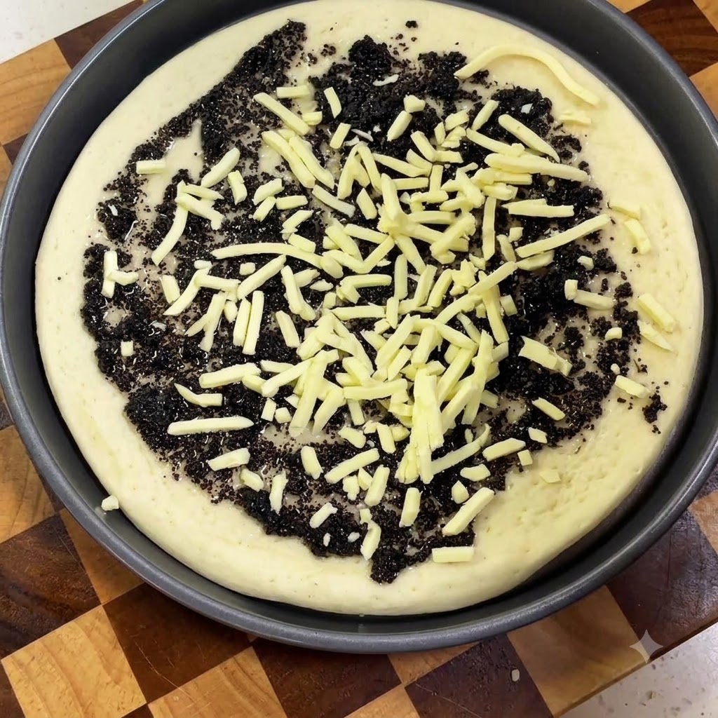 Una base per pizza cruda in una teglia, guarnita con uno strato di salsa al tartufo nero e formaggio grattugiato.