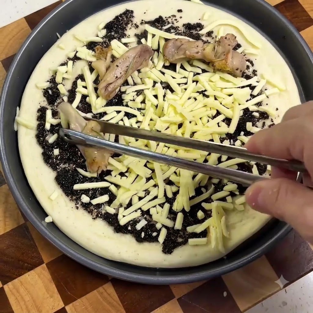 Pinze che posizionano pezzi di pollo cotto su una base per pizza ricoperta di salsa al tartufo e formaggio grattugiato.