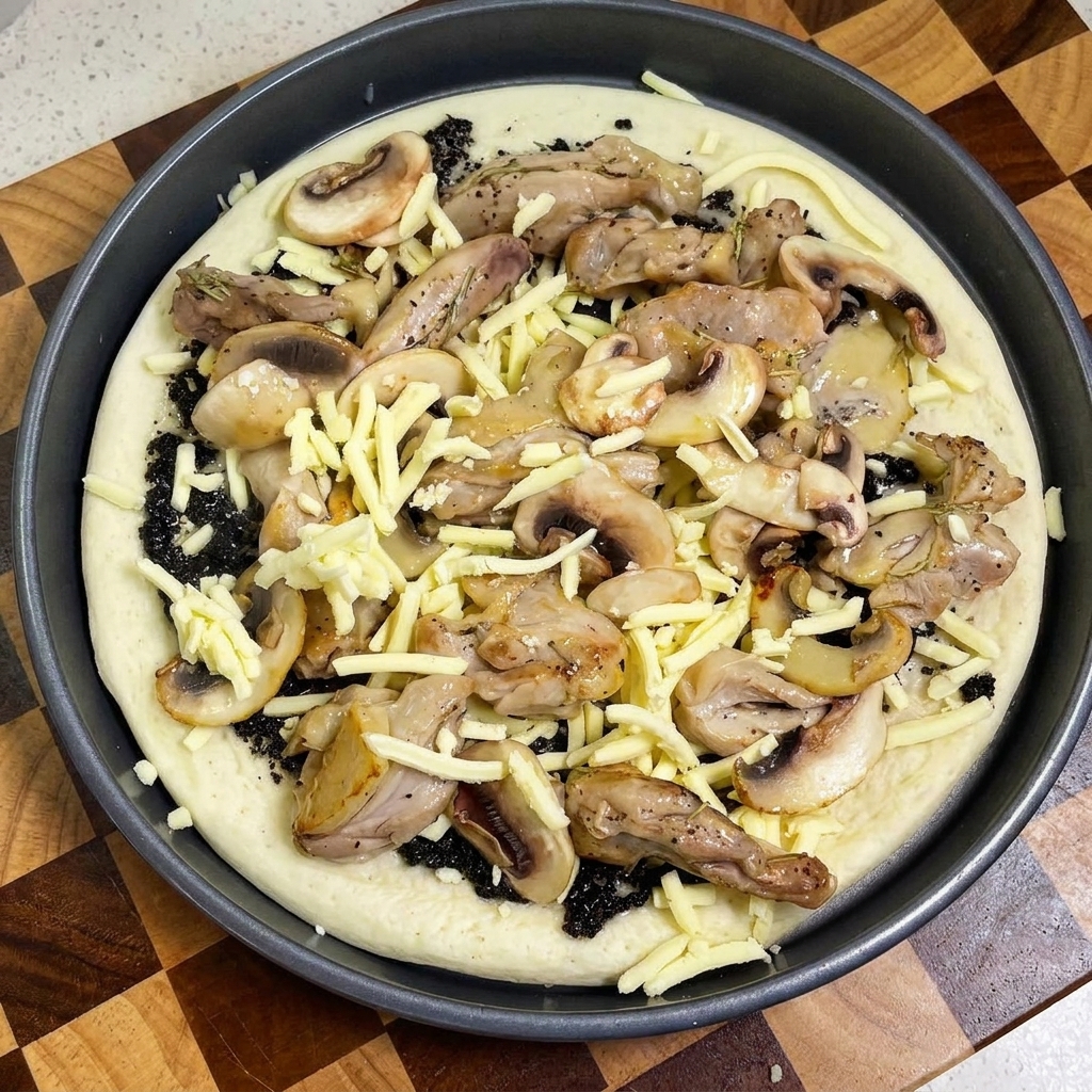 Una pizza assemblata condita con salsa al tartufo, pollo, funghi e un ultimo strato di formaggio grattugiato.