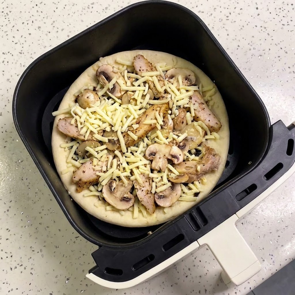 La pizza cruda assemblata inserita allinterno di un cestello nero per friggitrice ad aria, pronta per la cottura.