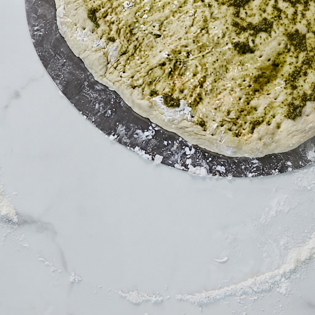Primo piano dallalto di crema di tartufo nero scuro spalmata sulla base della pizza su una pala argentata.