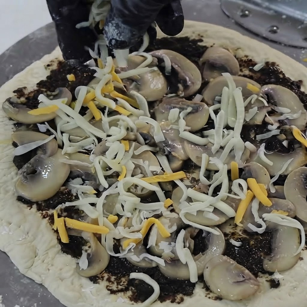 Formaggio grattugiato spolverato dallalto sulla base preparata per la pizza con funghi e tartufo.