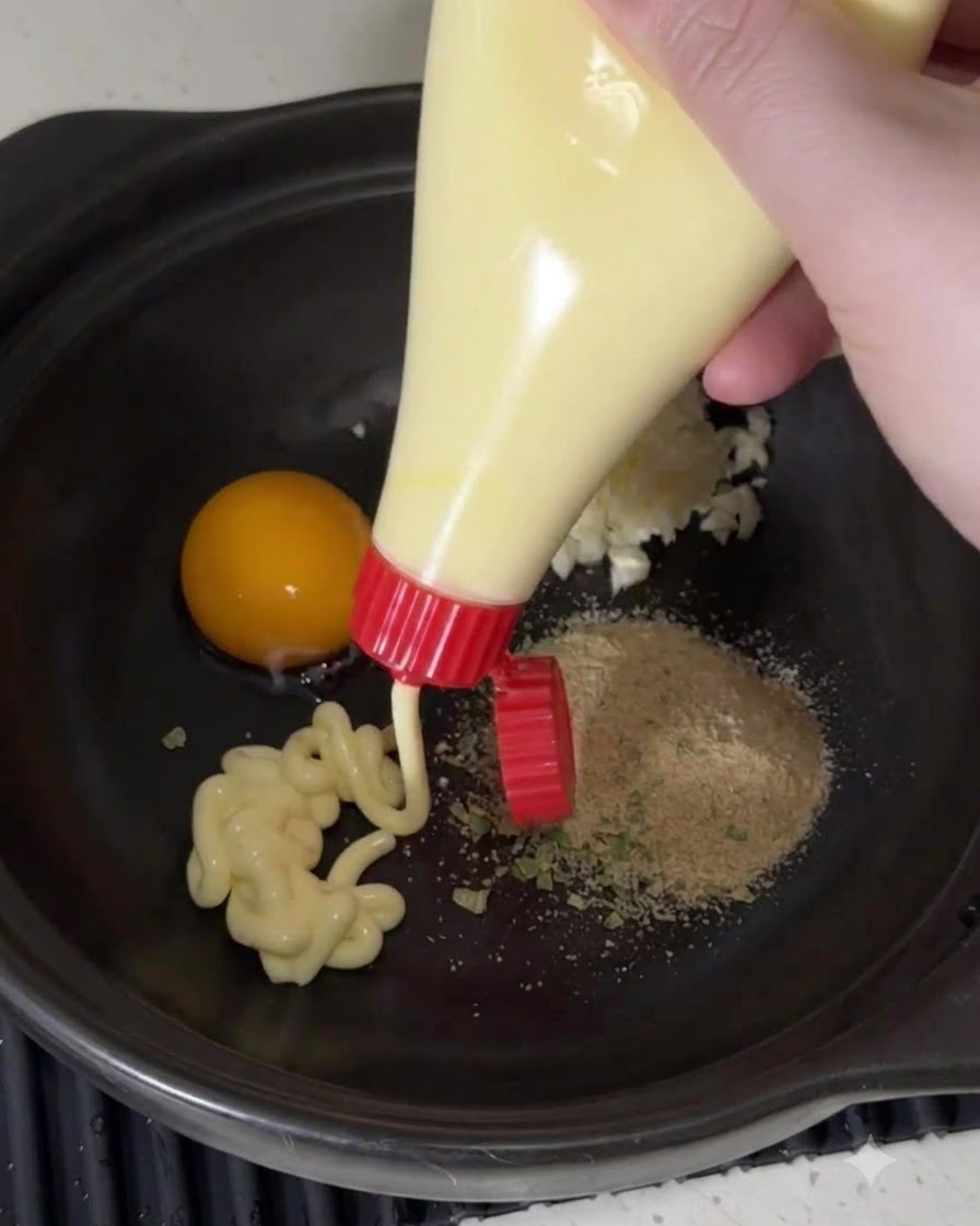 Tutti gli ingredienti del condimento mescolati insieme in una pasta liscia allinterno della pentola da cucina.