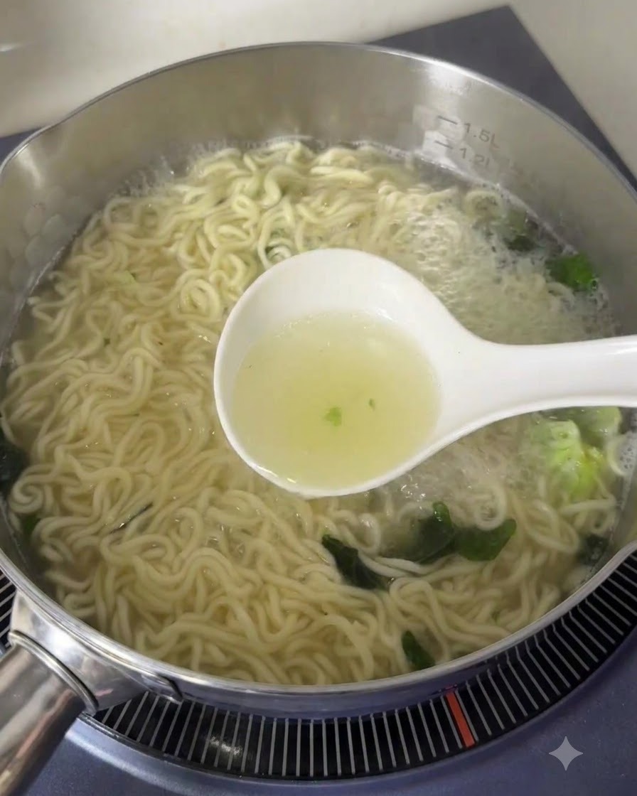 Un mettolino pieno di brodo caldo prelevato da una pentola di noodles in ebollizione.