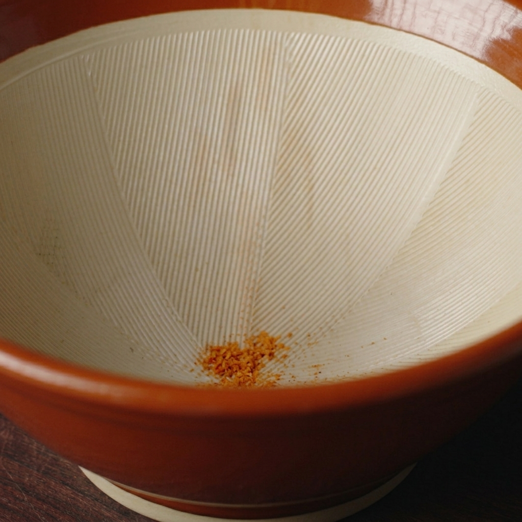 Polvere di condimento secco e fiocchi di verdure sul fondo di una ciotola di ceramica vuota.
