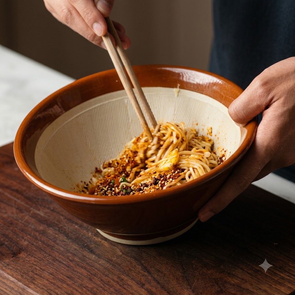 Un paio di bacchette che mescolano gli ingredienti della salsa insieme allinterno della ciotola di ceramica.