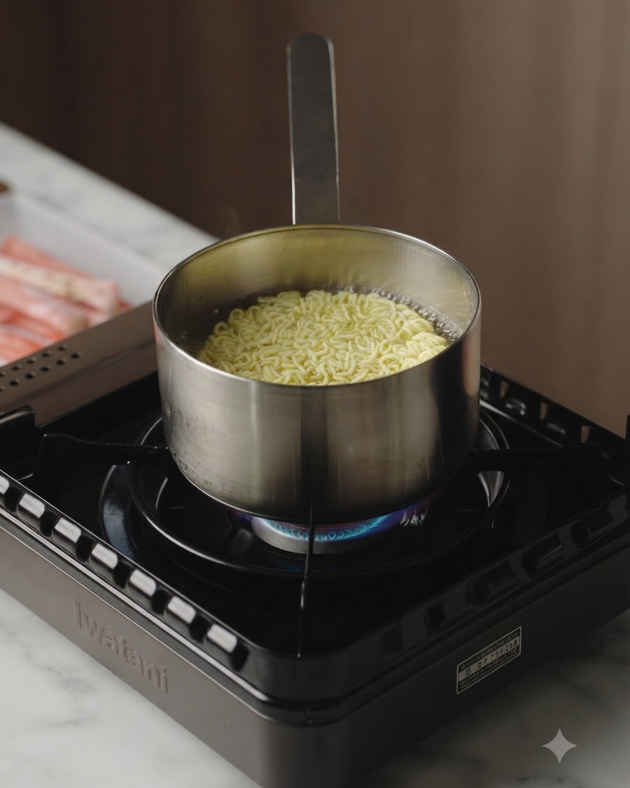 Noodles istantanei e fette di carne cruda che cuociono insieme in una pentola di acciaio inossidabile di acqua bollente su un fornello portatile.