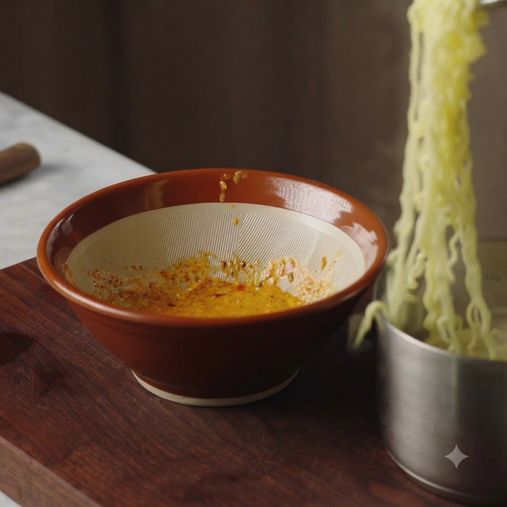 Noodles cotti aggiunti da una pentola in una ciotola di ceramica marrone riempita con una miscela di aglio condito e salsa.