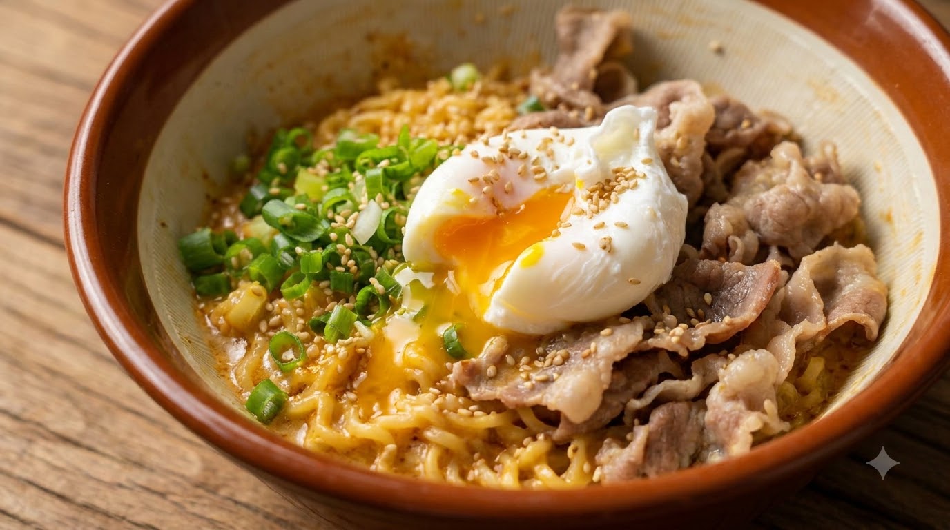Una ciotola di noodles istantanei saltati con maionese allaglio, guarniti con fette di carne, un uovo in camicia, cipollotti tritati e semi di sesamo tostati