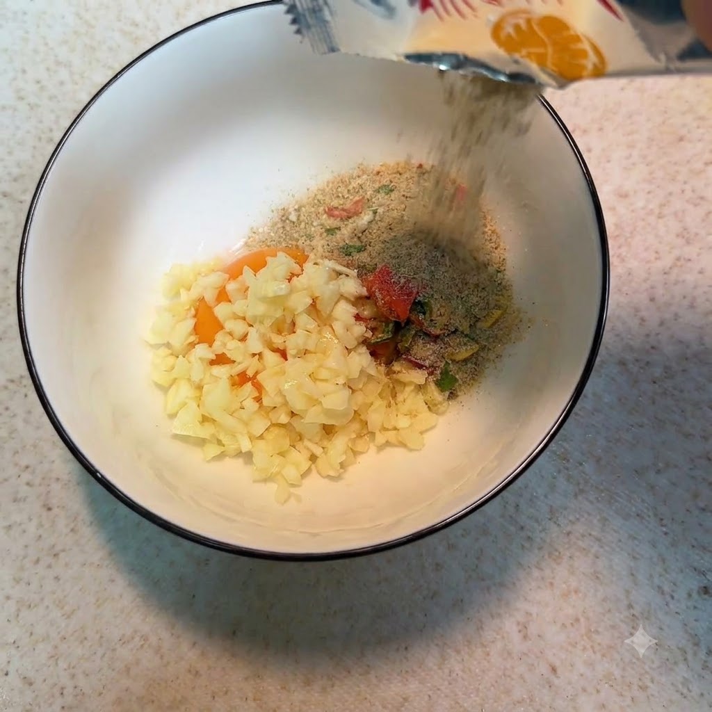 Polvere aromatica per noodles istantanei e spezie versate da una bustina aperta nella ciotola.