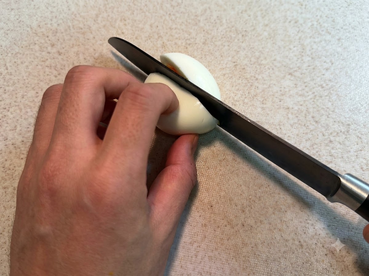 Un coltello taglia un uovo sodo sbucciato su un tagliere, mostrando il tuorlo morbido allinterno.
