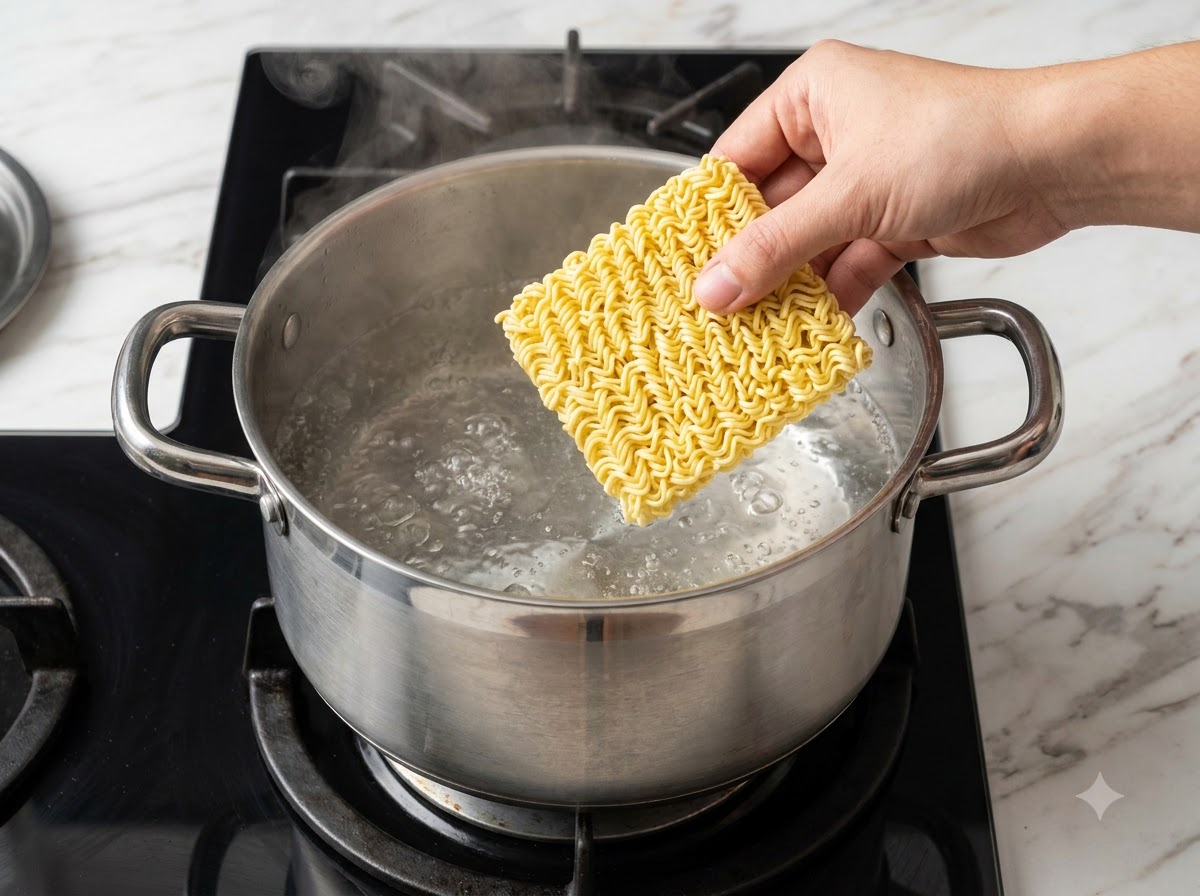 Una mano tiene un blocco di noodles ramen istantanei sopra una pentola di acqua bollente sui fornelli.