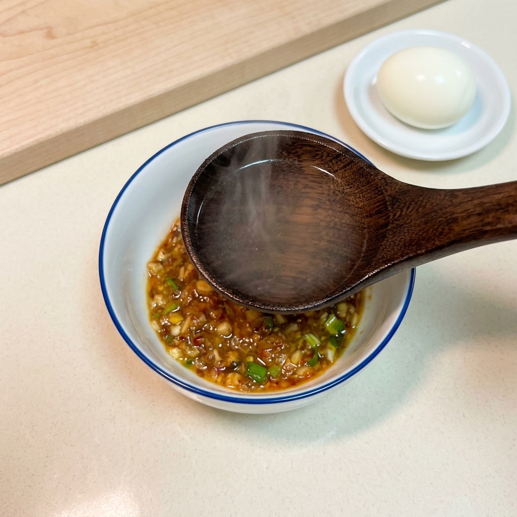 Un mestolo di legno pieno di acqua calda tenuto sopra una ciotola contenente la base di salsa e condimento.