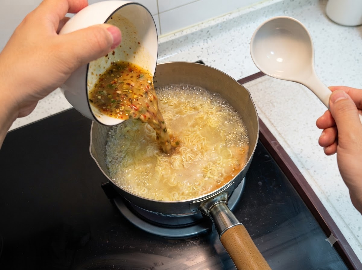Una ciotola versa il condimento liquido in una pentola di noodles bollenti sui fornelli.