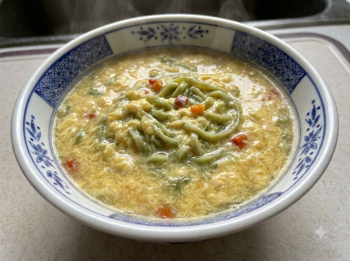 Noodles cotti e zuppa cremosa versati in una ciotola con un motivo blu e bianco.