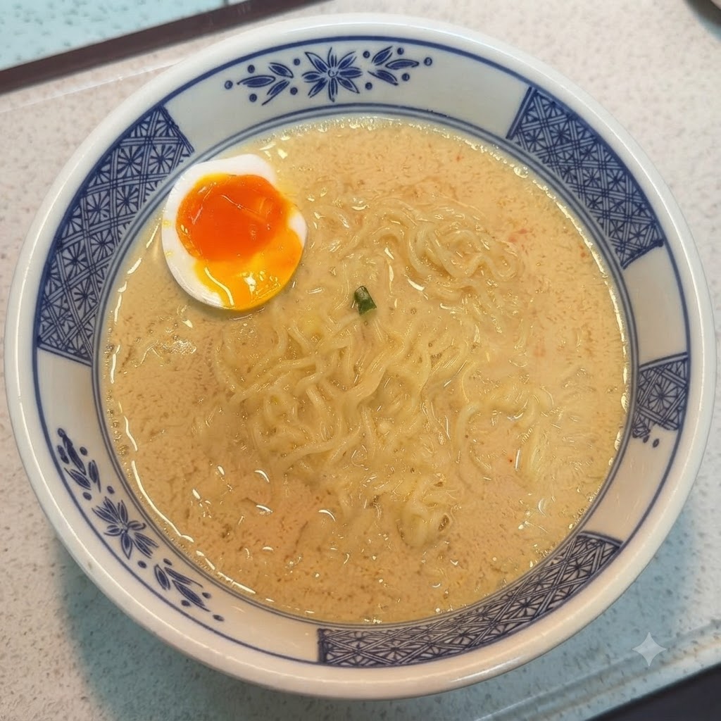 Una ciotola di noodles con metà uovo alla coque allinterno.
