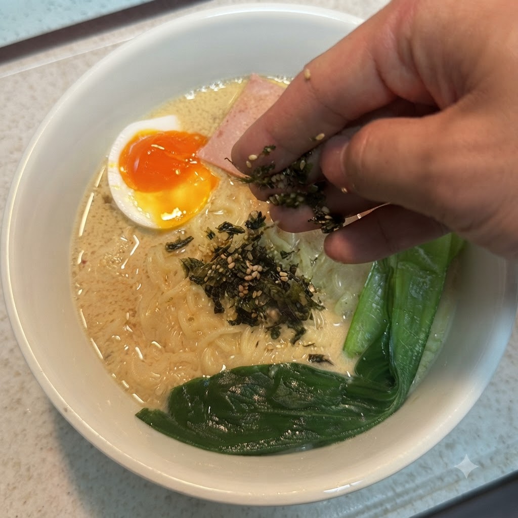 Una mano sparge fiocchi di alghe e semi di sesamo su una ciotola di ramen.