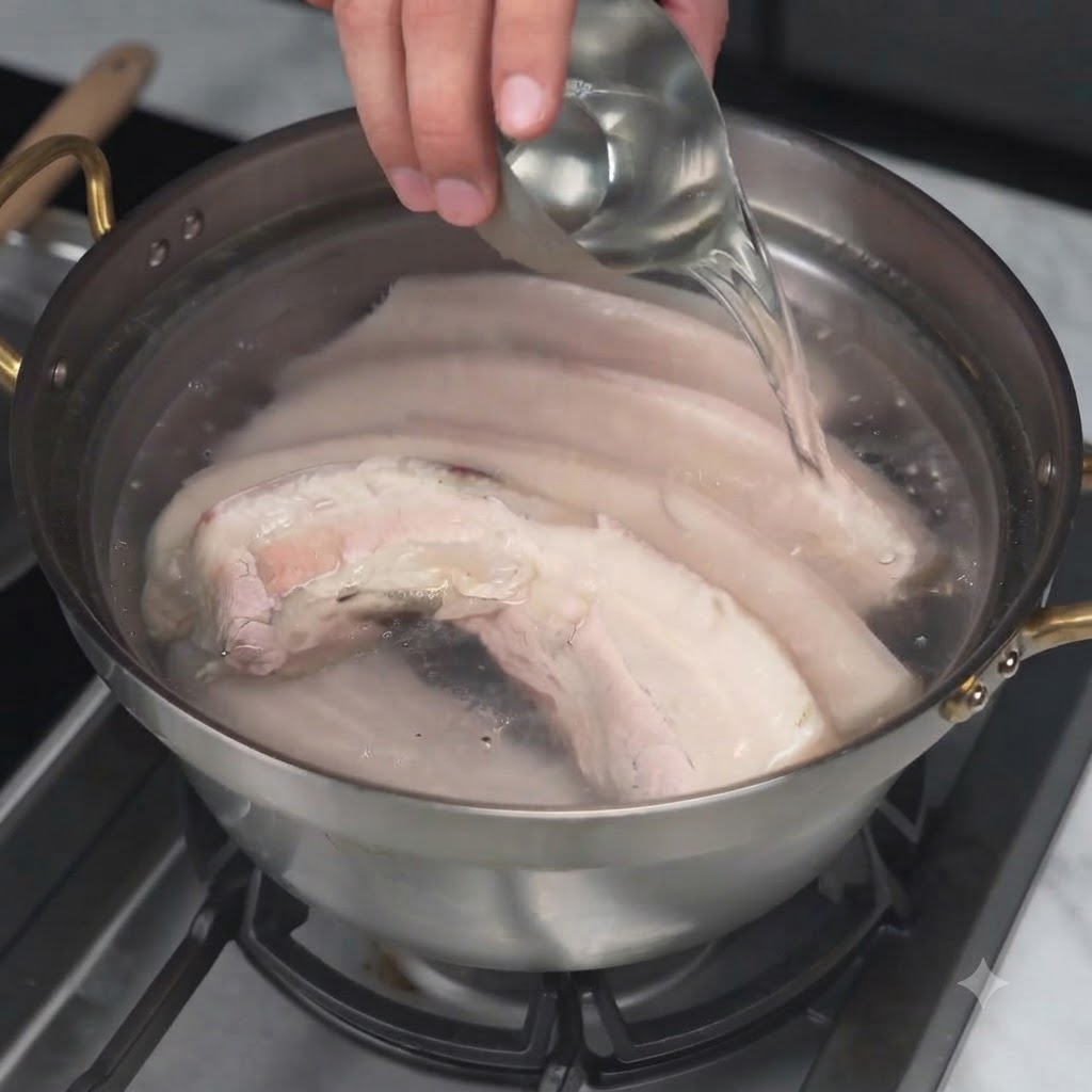 Versamento di condimento liquido da un mestolo di metallo in una pentola contenente pancia di maiale.
