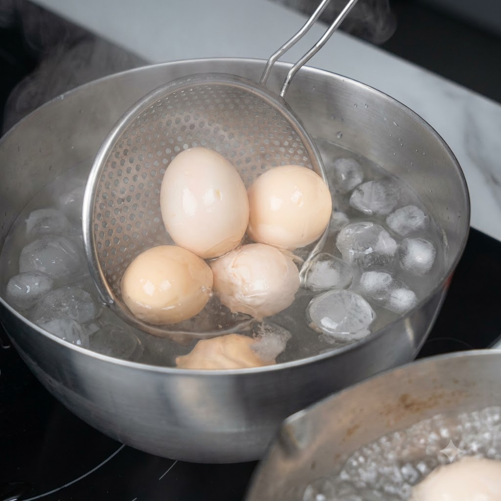 Uova sode sbucciate abbassate con un colino in una ciotola di acqua ghiacciata.