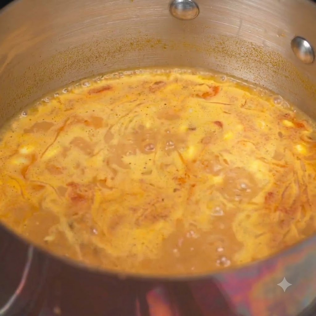Aceto dolce e peperoncino in polvere mescolati nella pentola di base della zuppa di ramen in ebollizione.