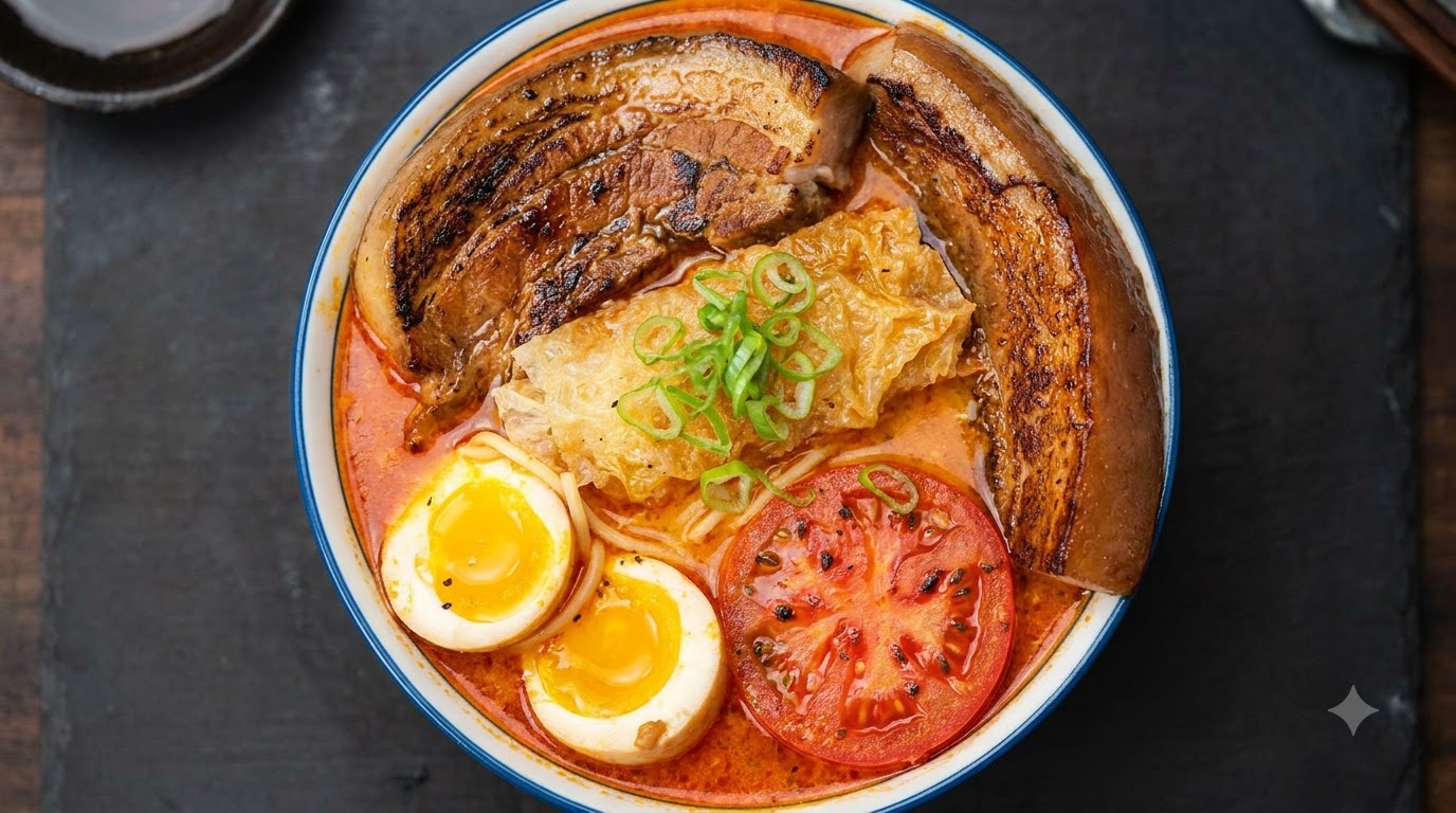 Ramen con Brodo Denso al Pomodoro e Pancia di Maiale Brasata