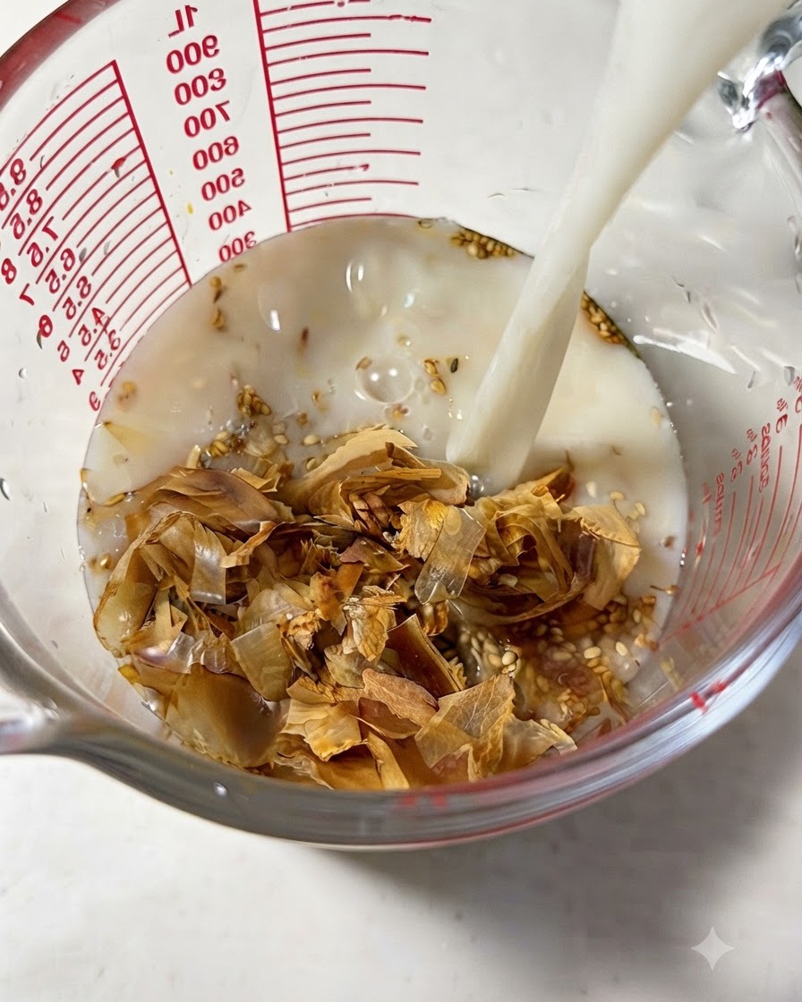 Liquido versato in un misurino riempito con fiocchi di bonito, semi di sesamo e condimenti.
