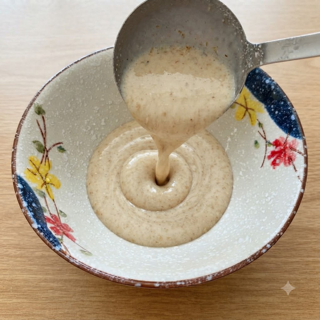 Un mestolo di metallo che versa brodo di zuppa cremoso e caldo in una ciotola di ceramica decorativa.